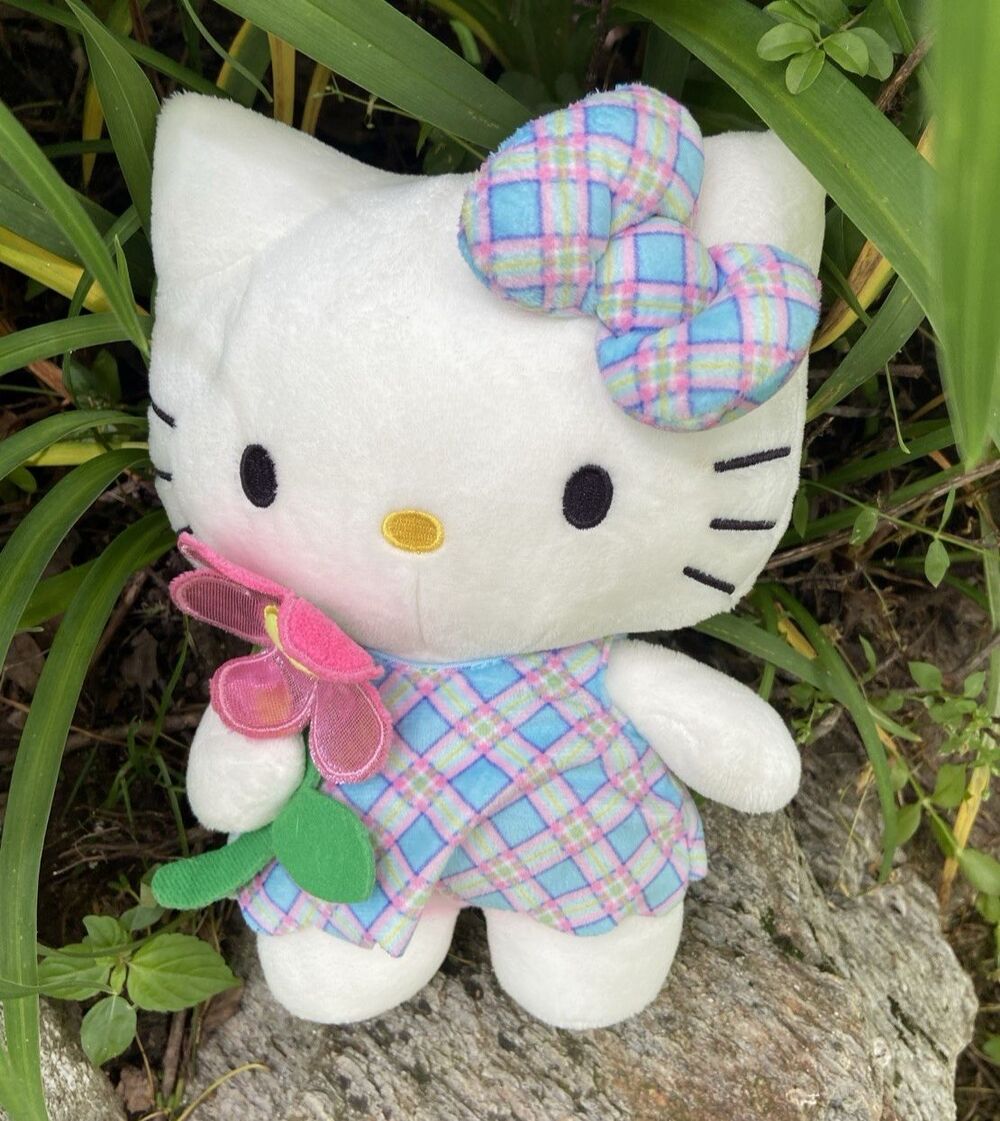 Sanrio Hello Kitty 9.5 Inch White Kitty with Plaid Dress Flower Bow Plush 2024